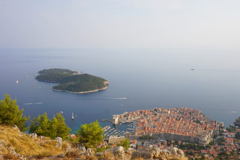 View of Dubrovnik and nearby island from the top of the cable car at sunset